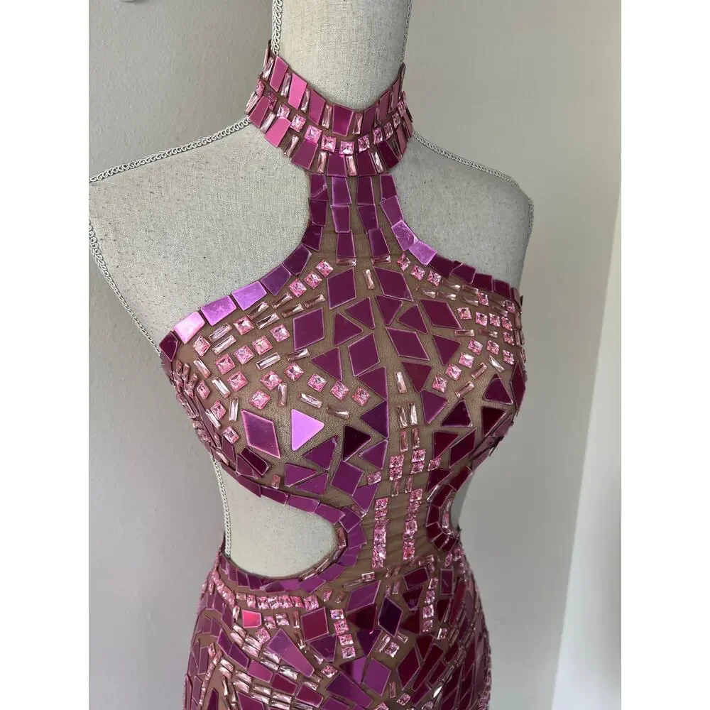 Grisha Acrylic Mirror Cutout Mini Dress Sz Small Pink Festival Rave Love Island - Picture 6 of 14